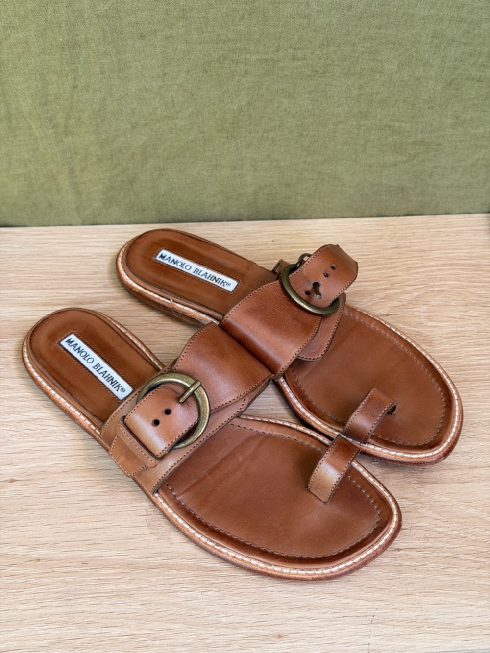 Manolo Blahnik Brown Leather Slide Sandals with Brass Buckle
